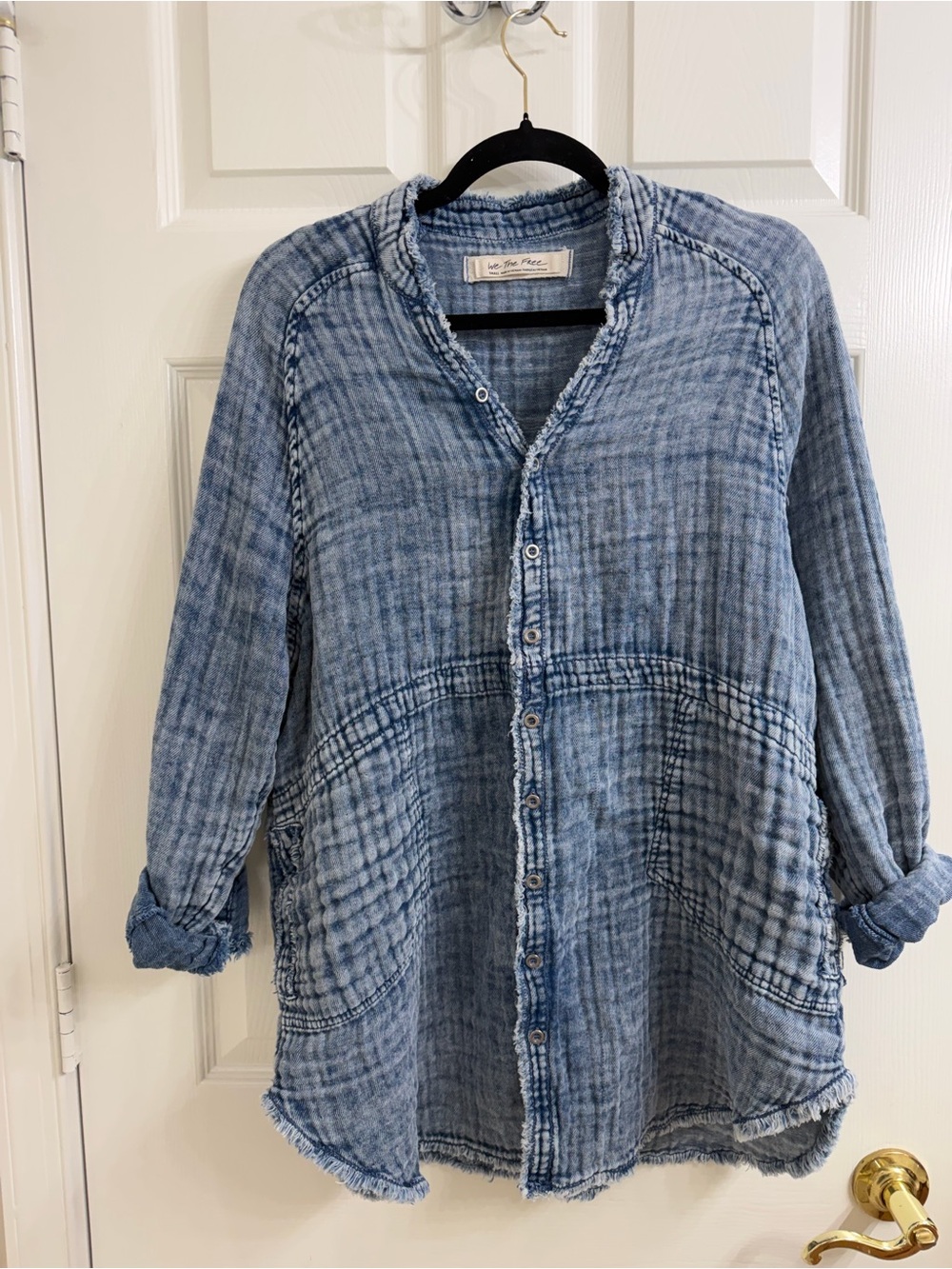 Free People We the People Blue Washed Button-Front Cotton Shirt Jacket Size S